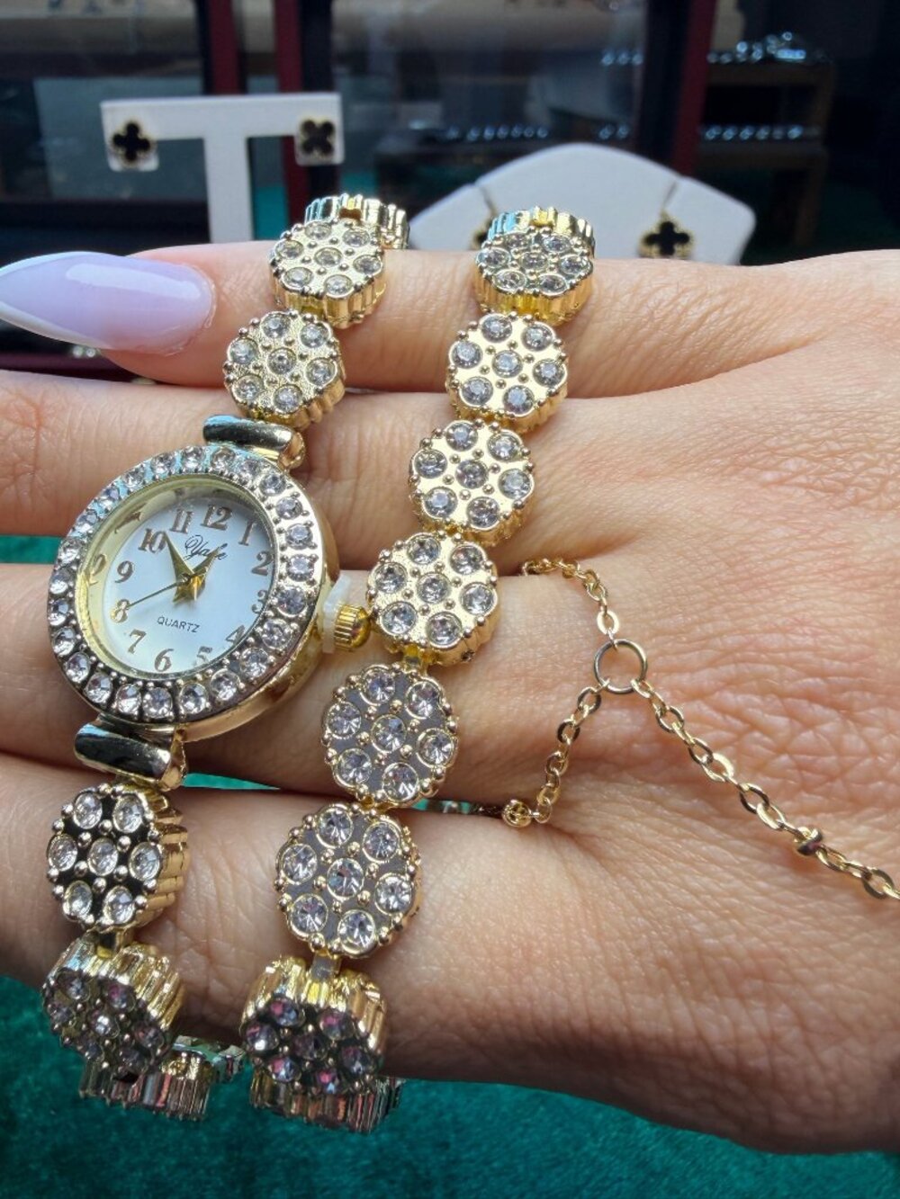 Gold Tone Rhinestone Bracelet Watch White Dial + Matching Hand Chain Bracelet
